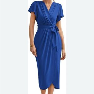 NWT GRACE KARIN Blue Cocktail Midi Belted V Neck Wrap Dress Ruffle Sleeve Small